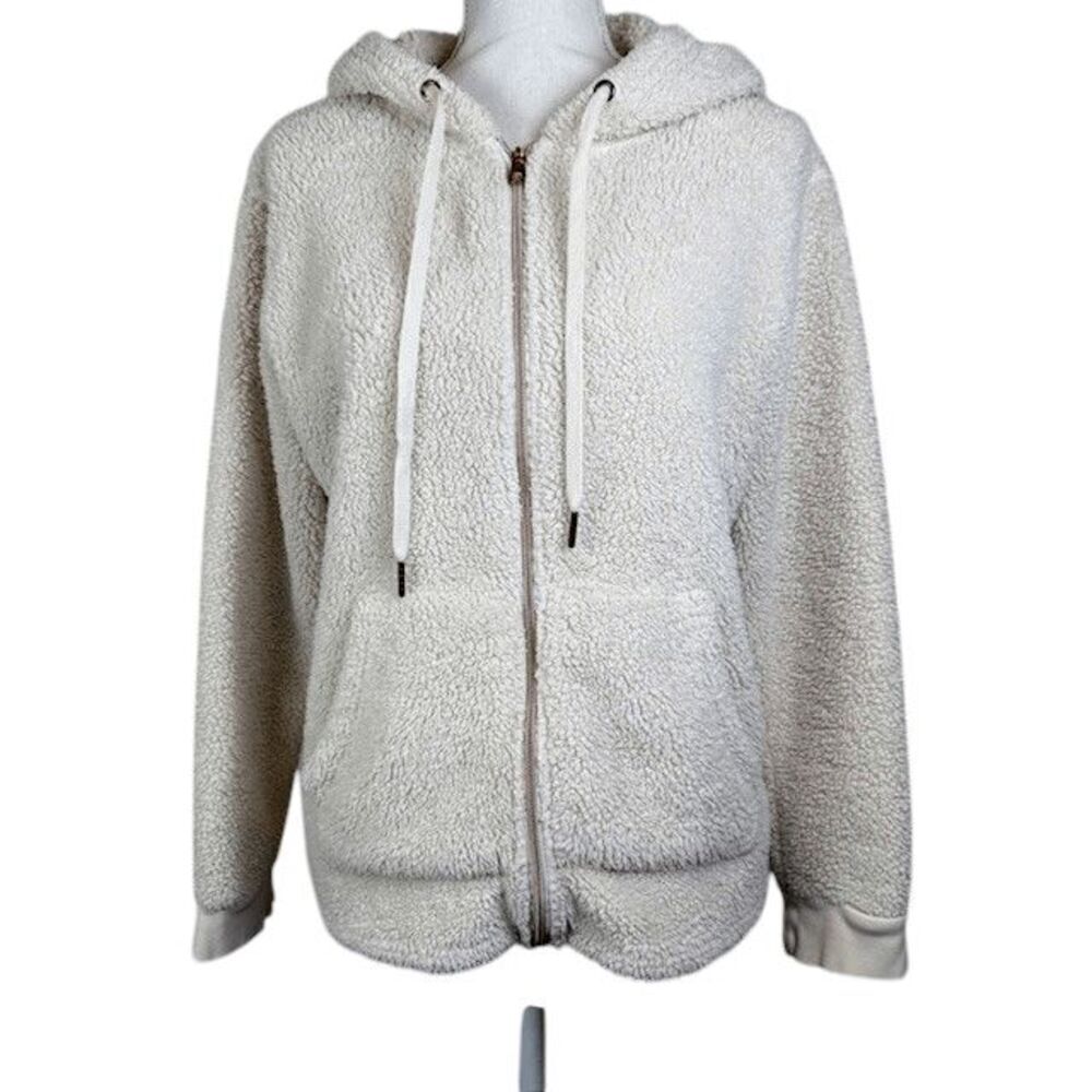 Adrienne Vittadini Sherpa Teddy Zipper Hoodie Coat Fuzzy Warm Ivory Cream Medium